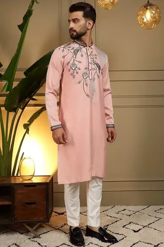 Mens designer viscose silk embroidered work kurta payjama wedding wear