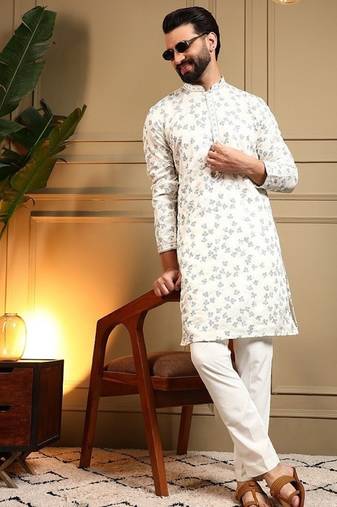 White royal silk embroidered work kurta payjama wedding & festive wear