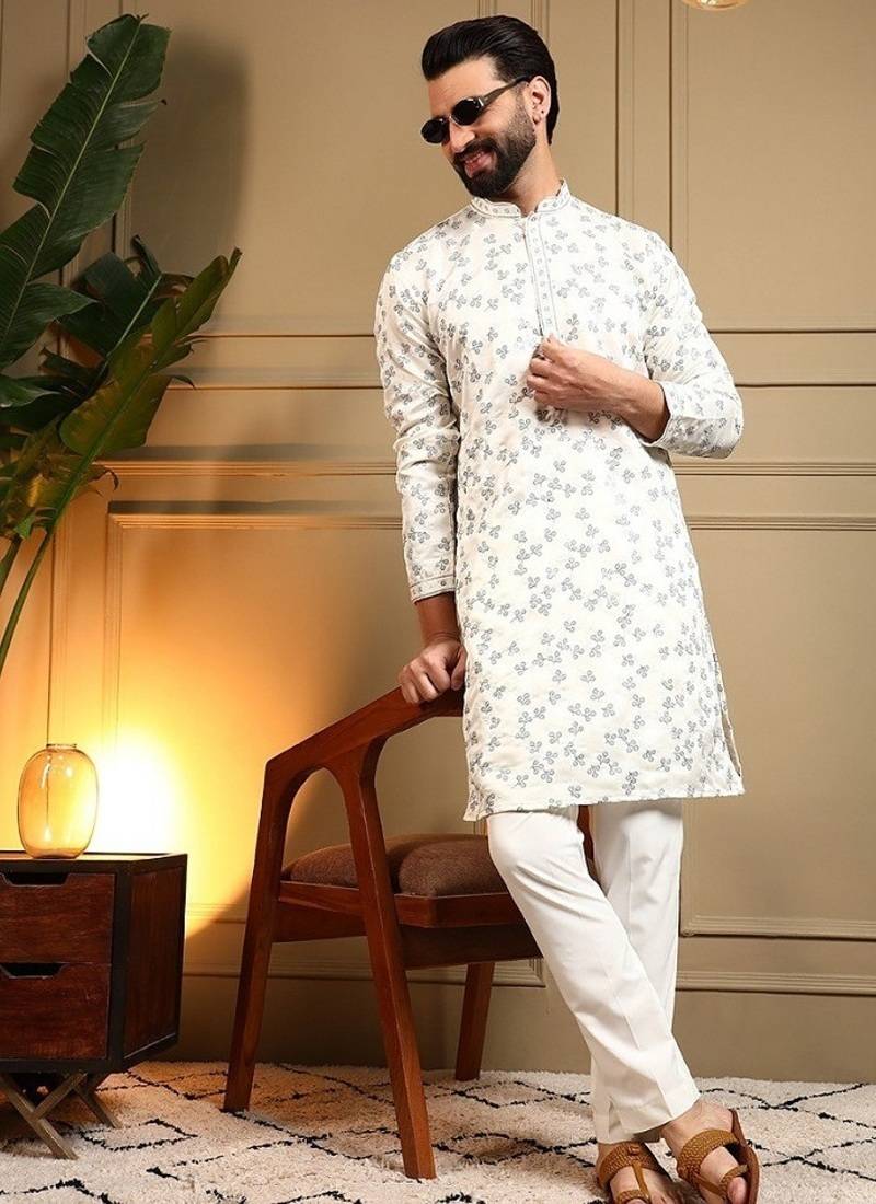 White royal silk embroidered work kurta payjama wedding & festive wear