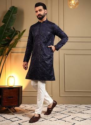 Navyblue royal silk embroidered work kurta payjama wedding & festive wear 2