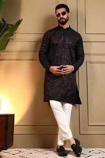 Black royal silk embroidered work kurta payjama wedding & festive wear
