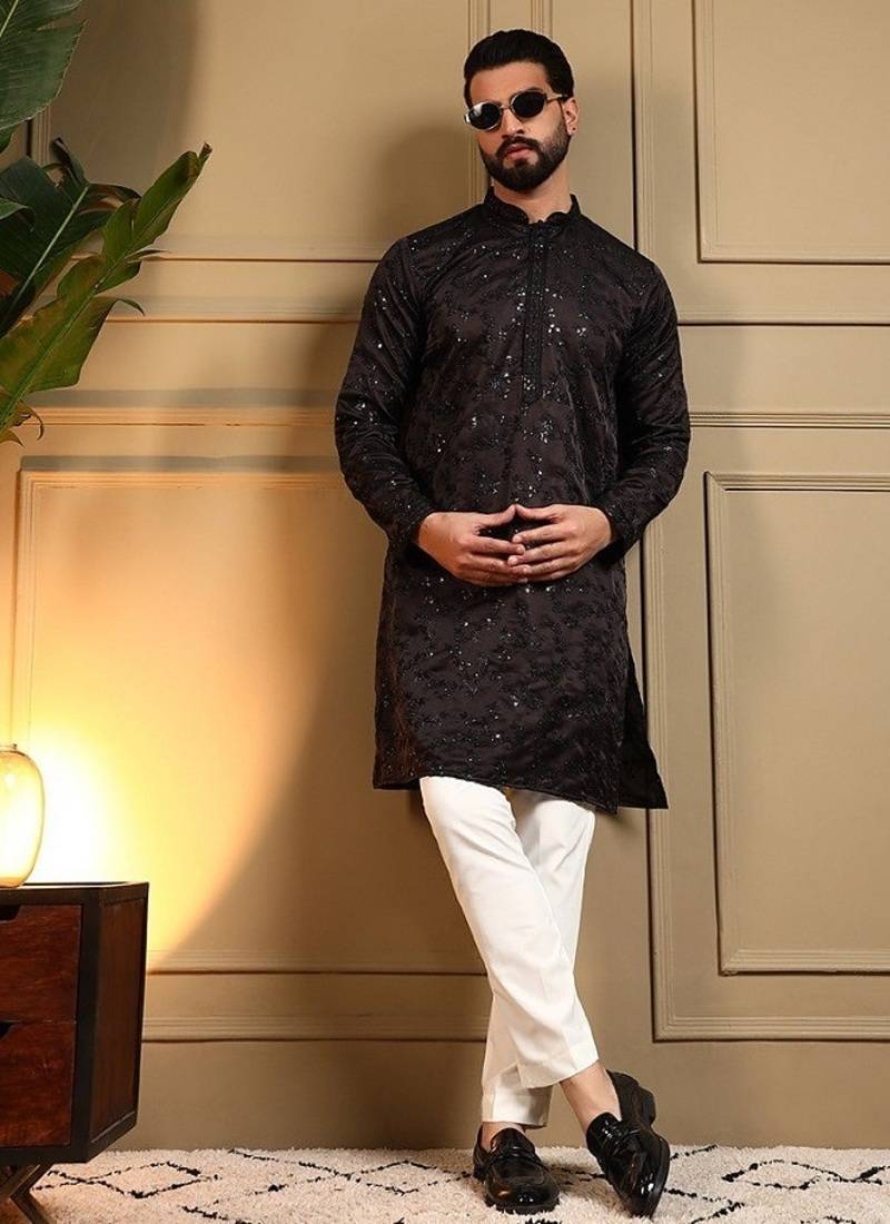 Black royal silk embroidered work kurta payjama wedding & festive wear