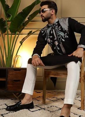 Mens designer viscose silk embroidered work kurta payjama wedding wear 3