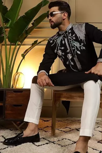 Mens designer viscose silk embroidered work kurta payjama wedding wear