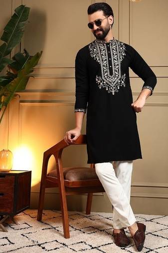 Black silk blend embroidered work kurta payjama wedding & festive wear