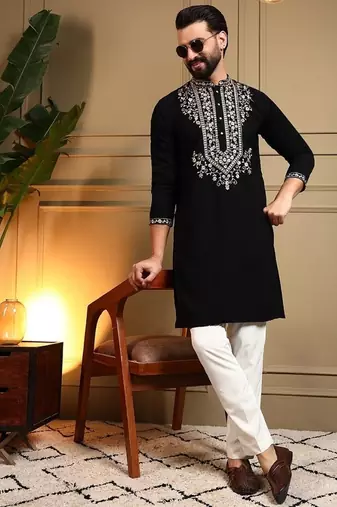 Black silk blend embroidered work kurta payjama wedding & festive wear