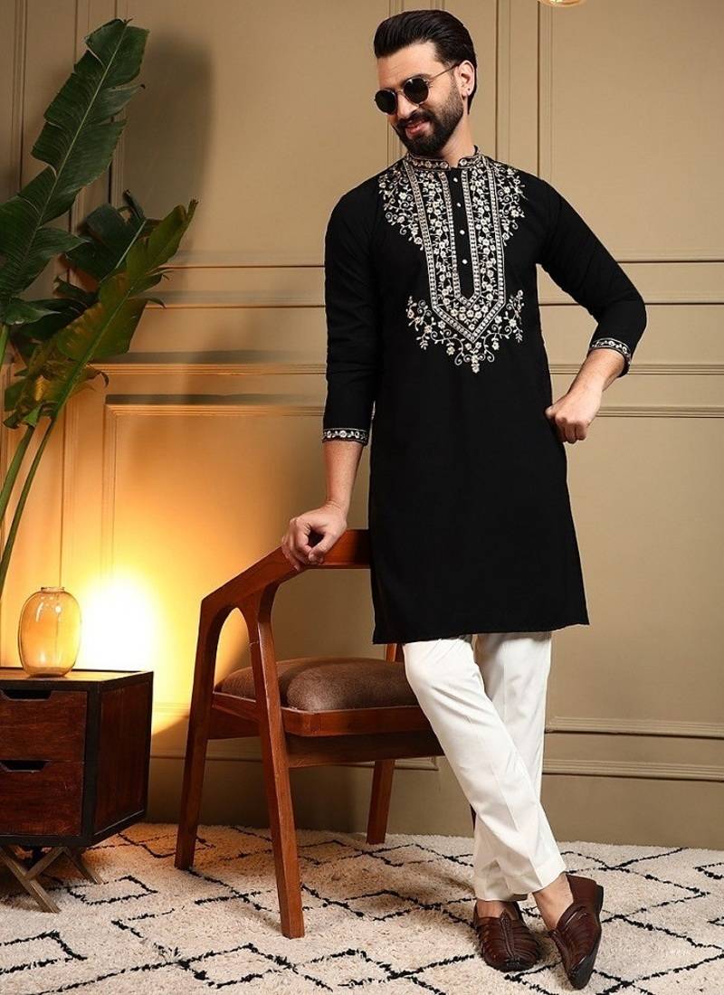 Black silk blend embroidered work kurta payjama wedding & festive wear