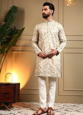 Beige royal silk embroidered work kurta payjama wedding & festive wear 3