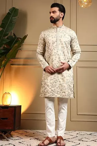 Beige royal silk embroidered work kurta payjama wedding & festive wear