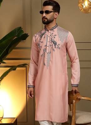 Mens designer viscose silk embroidered work kurta payjama wedding wear 4