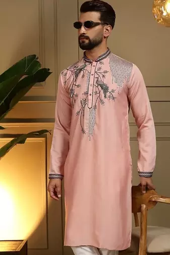 Mens designer viscose silk embroidered work kurta payjama wedding wear