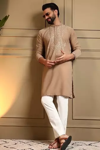 Beige silk blend embroidered work kurta payjama wedding & festive wear