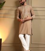 Beige silk blend embroidered work kurta payjama wedding & festive wear