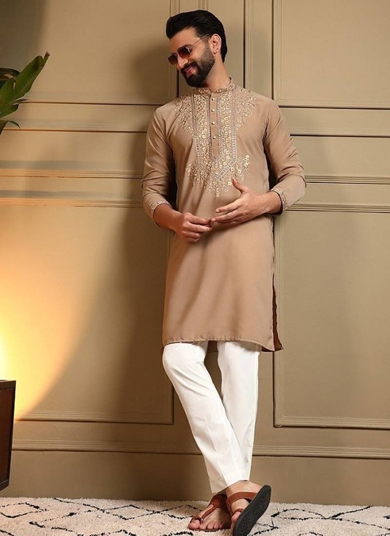 Beige silk blend embroidered work kurta payjama wedding & festive wear