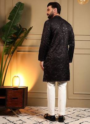 Black royal silk embroidered work kurta payjama wedding & festive wear 2