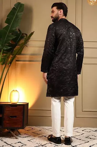 Black royal silk embroidered work kurta payjama wedding & festive wear