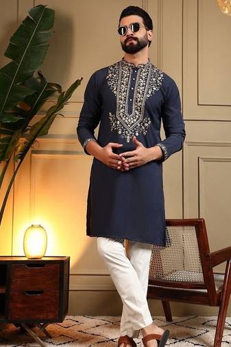 Navyblue silk blend embroidered work kurta payjama wedding & festive wear