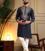 Navyblue silk blend embroidered work kurta payjama wedding & festive wear