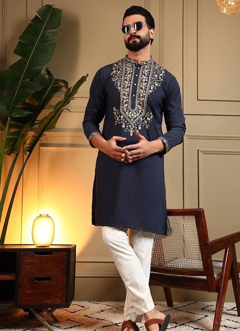 Navyblue silk blend embroidered work kurta payjama wedding & festive wear