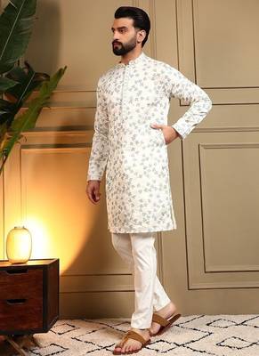 White royal silk embroidered work kurta payjama wedding & festive wear 2