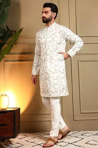 White royal silk embroidered work kurta payjama wedding & festive wear