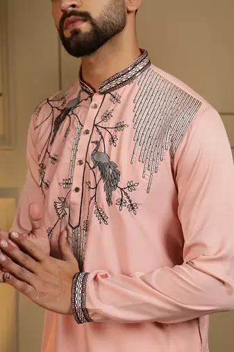 Mens designer viscose silk embroidered work kurta payjama wedding wear