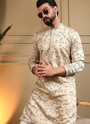 Beige royal silk embroidered work kurta payjama wedding & festive wear 4