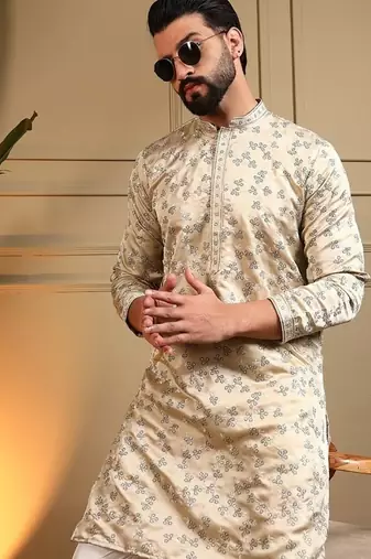 Beige royal silk embroidered work kurta payjama wedding & festive wear