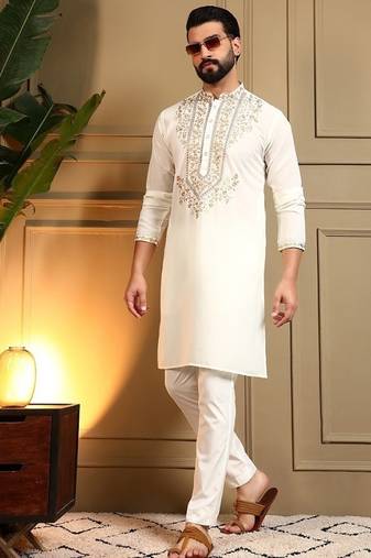 White silk blend embroidered work kurta payjama wedding & festive wear