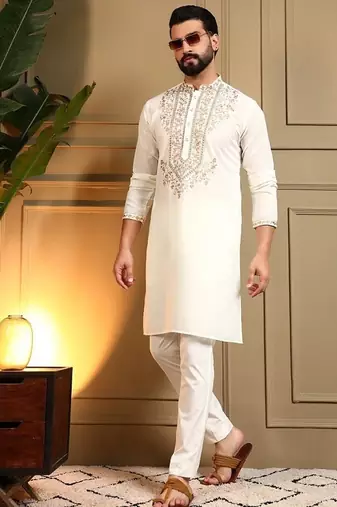 White silk blend embroidered work kurta payjama wedding & festive wear