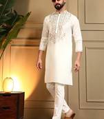 White silk blend embroidered work kurta payjama wedding & festive wear