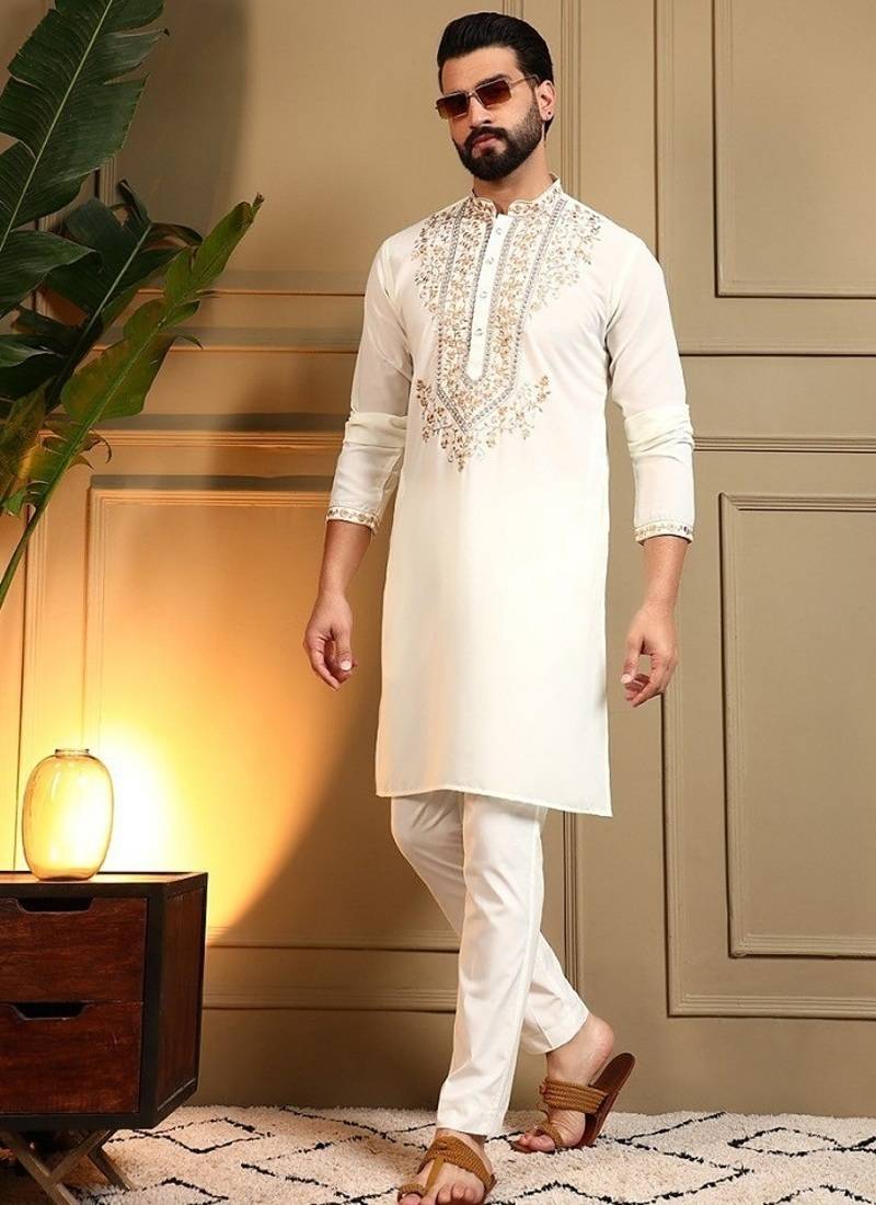 White silk blend embroidered work kurta payjama wedding & festive wear