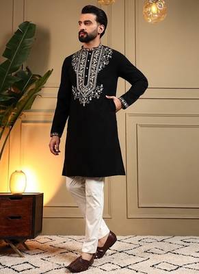 Black silk blend embroidered work kurta payjama wedding & festive wear 2