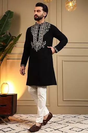 Black silk blend embroidered work kurta payjama wedding & festive wear