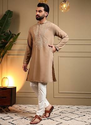 Beige silk blend embroidered work kurta payjama wedding & festive wear 2