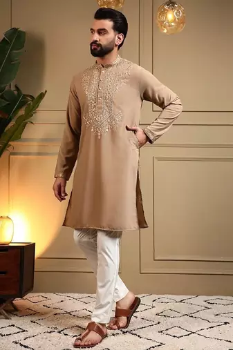 Beige silk blend embroidered work kurta payjama wedding & festive wear