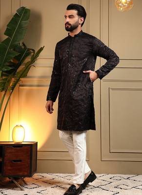 Black royal silk embroidered work kurta payjama wedding & festive wear 3