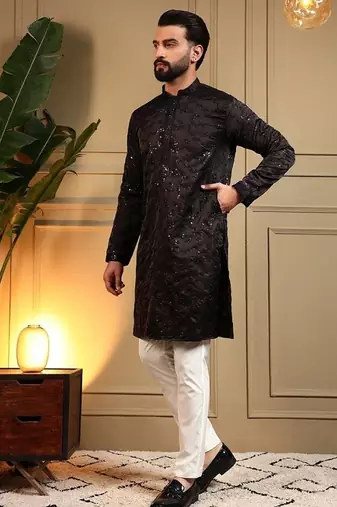 Black royal silk embroidered work kurta payjama wedding & festive wear