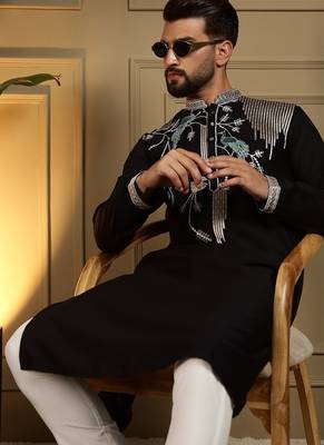 Mens designer viscose silk embroidered work kurta payjama wedding wear 4