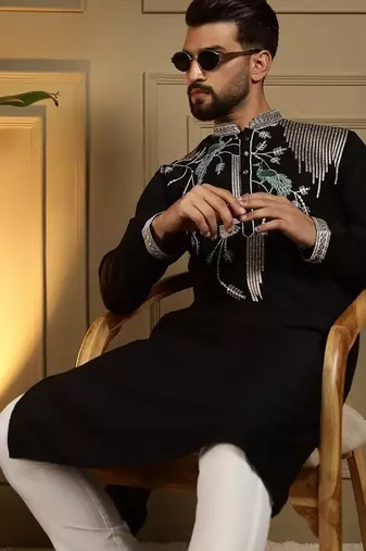 Mens designer viscose silk embroidered work kurta payjama wedding wear