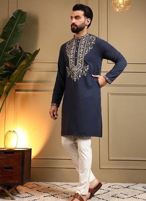 Navyblue silk blend embroidered work kurta payjama wedding & festive wear 2