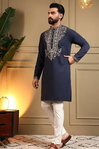 Navyblue silk blend embroidered work kurta payjama wedding & festive wear