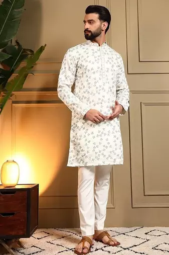 White royal silk embroidered work kurta payjama wedding & festive wear