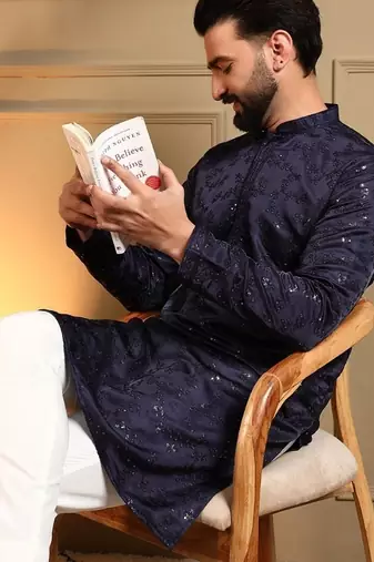 Navyblue royal silk embroidered work kurta payjama wedding & festive wear