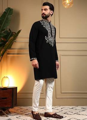 Black silk blend embroidered work kurta payjama wedding & festive wear 3