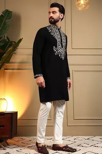 Black silk blend embroidered work kurta payjama wedding & festive wear