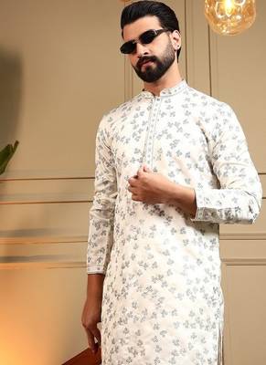 White royal silk embroidered work kurta payjama wedding & festive wear 4