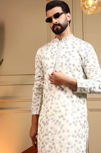 White royal silk embroidered work kurta payjama wedding & festive wear