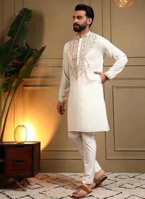 White silk blend embroidered work kurta payjama wedding & festive wear 2