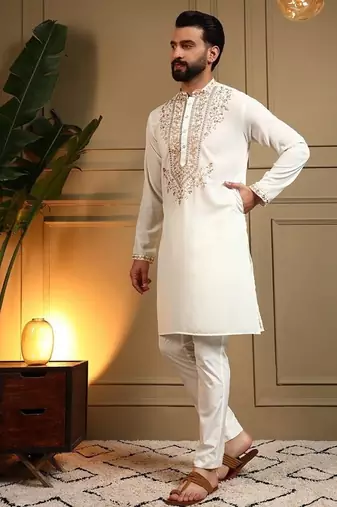 White silk blend embroidered work kurta payjama wedding & festive wear